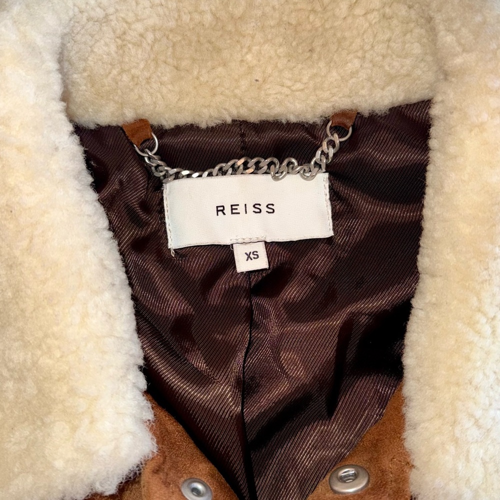 REISS Tobacco Brown Suede Leather Trucker Jacket Shearing Collar Extra Small XS - Picture 2 of 14